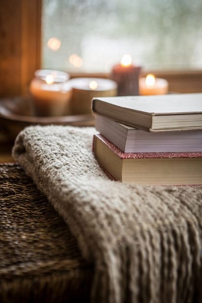 livres sur une couverture avec des bougies